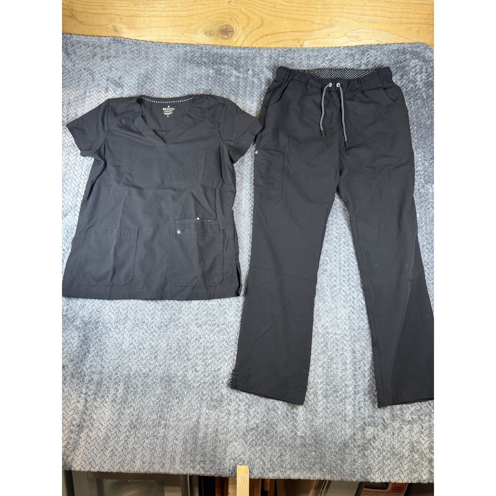 Beyond Scrubs Set Women Small Black Stretch Medical Straight Leg Mid Rise V-Neck